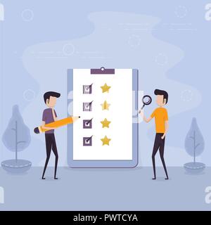 Businessmen holding giant pencil & magnifying glass with big checklist.Marked checklist & a clipboard paper.Business organization & achievements of go Stock Vector