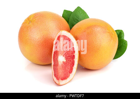 grapefruit and slices with leaves isolated on white background. Stock Photo