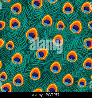 Peacock feather seamless pattern. Vector illustration. Exotic ornament background Stock Vector
