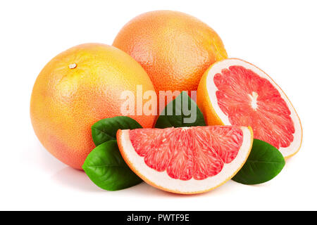 grapefruit and slices with leaves isolated on white background. Stock Photo