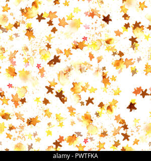A seamless pattern with golden yellow abstract watercolour stars on a white background, a hand drawn starry repeat print Stock Photo