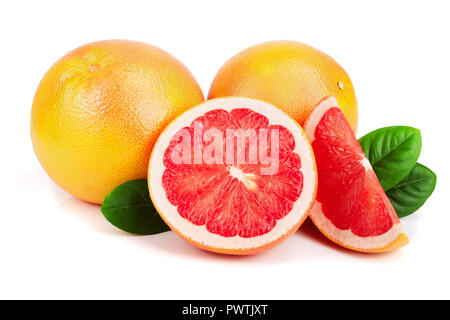 grapefruit and slices with leaves isolated on white background. Stock Photo