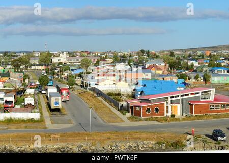 City view from the harbour, Golf Almante Montt, Puerto Natales, Province Última Esperanza, Chile Stock Photo