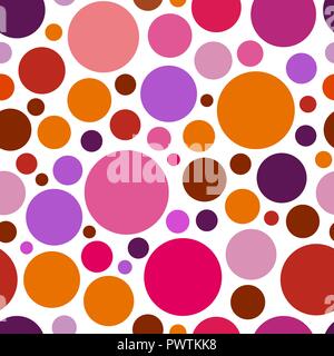 Bright red, orange and violet circle. Chaotic Seamless pattern round. colorful graphic dots or drops. Isolated on white background. Stock Vector