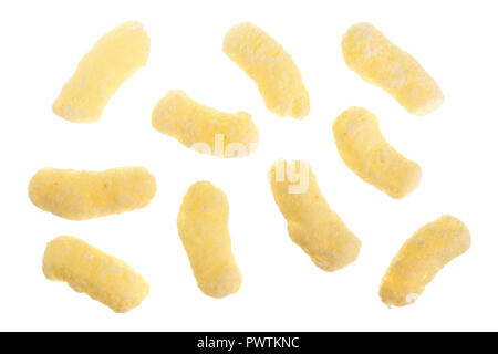 Sweet crunchy corn sticks or snacks isolated on white background. Top view. Flat lay. Stock Photo