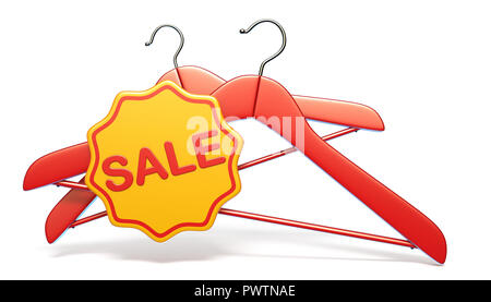 Red clothes hanger with SALE label 3D render illustration isolated on white background Stock Photo