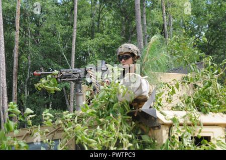 Soldiers of 1st Squadron, 108th Cavalry Regiment, 48th Infantry Brigade Combat Team, 3rd Infantry Division, react to contact while conducting a screen, June 19, 2017 at Fort Stewart, Georgia. The reconnaissance mission was a part of the eXportable Combat Training Capability exercise. Stock Photo