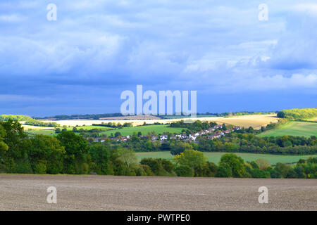Eynsford village and North Downs. Pictured from path to Lullingstone above Roman Villa, September, 2017. Darent Valley, Kent, England, UK Stock Photo