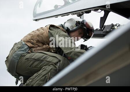 U.S. Marine Corps Capt. Jared G. Cox, a pilot assigned to Marine Fighter Attack Squadron 251, exits an F/A-18C Hornet during Red Flag-Alaska 17-2 on Joint Base Elmendorf-Richardson, Alaska, June 19, 2017. Red Flag-Alaska provides an optimal training environment in the Indo-Asian Pacific region and focuses on improving ground, space, and cyberspace combat readiness and interoperability for U.S. and international forces. Stock Photo