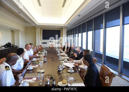 Pittsburgh PA (June 20, 2018) Vice Admiral Forrest Faison Surgeon General and Chief, Bureau of Medicine and Surgery meets with University of Pittsburgh at Center for Military Medicine Research (UPMC) to discuss new ways that Sailors can be treated and seen at medical center. Navy Week focus a variety of outreach assets, equipment and personal on a single city for a week-long series of engagements with key influencers and organizations representing all sectors of the market. During a Navy Week, 75-100 outreach events are coordinated with corporate, civic, government, education, media, veterans, Stock Photo