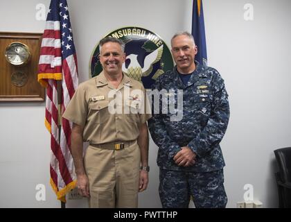 BANGOR, Wash. (June 22, 2017) Chief of Naval Personnel Vice Adm. Robert Burke meets with Rear Adm. John Tammen, commander, Submarine Group 9, while visiting Naval Base Kitsap (NBK) Bangor. During his visit, he conducted four separate all hands calls at NBK Bangor and NBK Bremerton to answer Sailor’s questions. ( Stock Photo