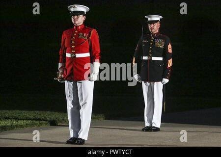 Sergeant Maj. Matthew Hackett, command sergeant major, Marine Barracks Washington D.C., stands at the position of attention alongside Staff Sgt. Codie Williams, bugler, “The Commandant’s Own” the U.S. Marine Drum & Bugle Corps, during a Friday Evening Parade at the Barracks, June 23, 2017. The guest of honor for the parade was Lt. Gen. Thomas Trask, vice commander, United States Special Operations Command, and the hosting official was Lt. Gen. James Laster, director, Marine Corps Staff. (Official Marine Corps Stock Photo