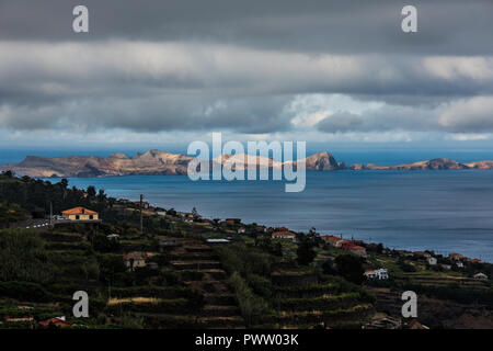 Ilhas Desertas in the east of Madeira, from left to right named Chao, Deserta Grande, and Bugio - view from town Canical Stock Photo