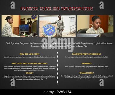 This week's Rock Solid Warrior is Staff Sgt. Marc Ferguson, the Command Support Staff Administrator with the 386th Expeditionary Logistics Readiness Squadron, deployed from Homestead Air Reserve Base, Fla. The Rock Solid Warrior program is a way to recognize and spotlight the Airmen of the 386th Air Expeditionary Wing for their positive impact and commitment to the mission. Stock Photo