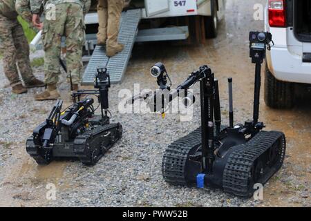 U.S. Soldiers assigned to 705th EOD Company, 63rd EOD Battalion, 52nd EOD Group, 20th CBRNE Command, and personnel assigned to Rapides Parish Sheriff’s Office, La., use robots to inspect a cabin with explosives during Raven’s Challenge 2017 at Camp Shelby, Miss., June 29, 2017. Raven’s Challenge is an annual event that provides Explosive Ordnance Disposal personnel and Public Safety Bomb Squads of both military and government agencies interoperability in a realistic domestic tactical environment. Stock Photo