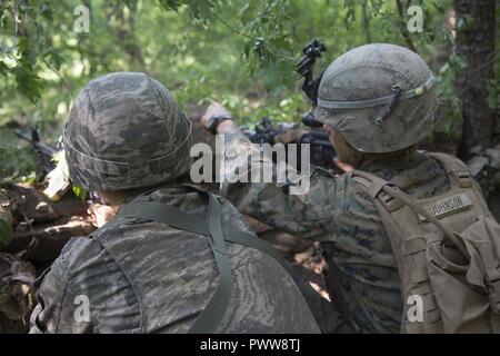 U.S. Marines assigned to India Company, 3rd battalion, 8th Marine Regiment, forward deployed to the 3rd Marine Division, as part of the forward Unit Deployment Program, and Republic of Korea Marines (ROK) takes aim from a defensive position at Twin Bridges training area, South Korea, June 21, 2017. In support of the Korean Marine Exchange Program 17-11 (KMEP) U.S. Marines and ROK Marines dig defensive positions In use fighting holes to give protection and the ability to provide fire from a defensive position. Stock Photo