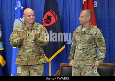 U.S. Army Brig. Gen. Donald C. Bolduc, outgoing commander of Special Operations Command Africa (right), is recognized during a change of command ceremony at Kelley Barracks, Stuttgart, Germany, June 29, 2017. Bolduc was succeeded by U.S. Air Force Maj. Gen. J. Marcus. Hicks. Stock Photo