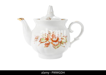 Teapot decorated with flowers, isolated on a white background Stock Photo