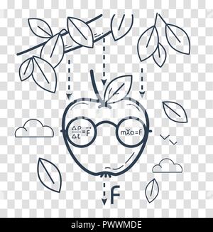 concept of knowledge, science, learning in the form of a funny Newtonian apple. black and white illustration. Icon in the linear style Stock Vector