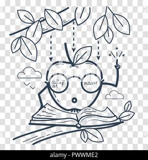 concept of knowledge, science, learning in the form of a funny Newtonian apple. black and white illustration. Icon in the linear style Stock Vector