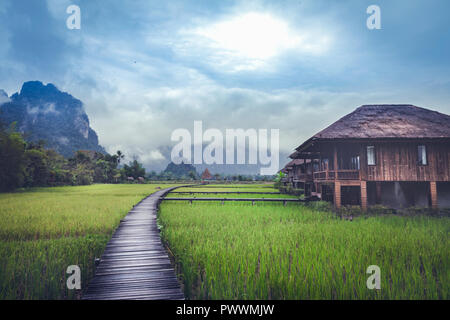 Green Paddy Fields, Wooden Pathways and Wooden Houses in Vang Vieng, Laos in the evening Stock Photo