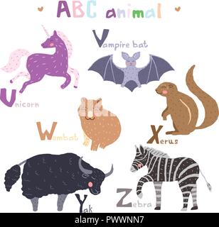 Vector hand drawn cute abc alphabet animal scandinavian design, zebra, vampire bat, unicorn,wombat, xerus, yak Stock Vector