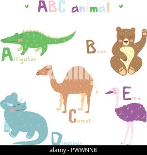 Vector hand drawn cute abc alphabet animal scandinavian design, alligator, bear, camel, dinosaur, emu Stock Vector