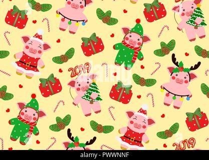 Seamless pattern little pig, piggy characters illustration. Happy new year Stock Vector