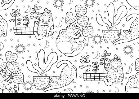 Hand drawn vector seamless pattern cats outline drawing illustration monochrom. Coloring book Stock Vector