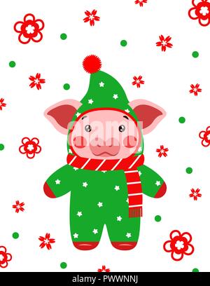 Happy new year cute pig postcard chinese. Symbol of the year 2019 vector illustrtion Stock Vector