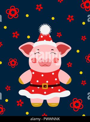 Happy new year cute pig girl postcard chinese. Symbol of the year 2019 vector illustrtion Stock Vector