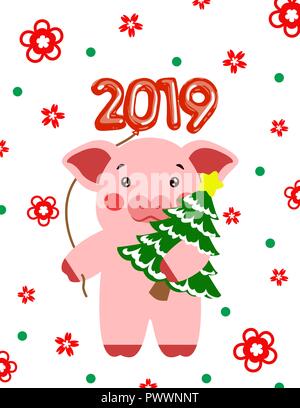 Happy new year cute pig postcard chinese. Symbol of the year 2019 vector illustrtion Stock Vector