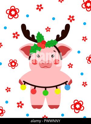 Happy new year cute pig with Christmas decorations postcard chinese. Symbol of the year 2019 vector illustrtion Stock Vector