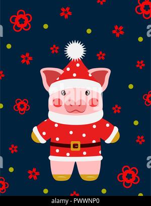 Happy new year cute pig Santa Claus postcard chinese. Symbol of the year 2019 vector illustrtion Stock Vector