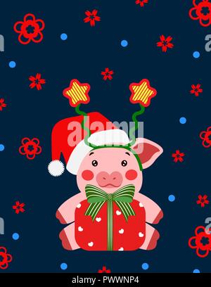 Happy new year cute pig with star and gift box postcard chinese. Symbol of the year 2019 vector illustrtion Stock Vector