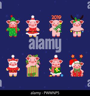 Set little pig, piggy characters illustration. Happy new year Stock Vector