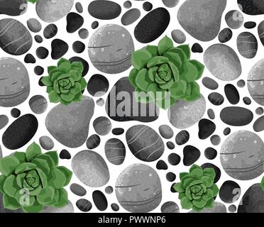 Seamless vector pattern succulents and stones. Floral texture for design, textile. Succulent clip art iluustrtion. Stock Vector
