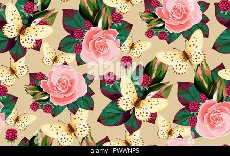 Vector floral  seamless pattern flowers and butterflies. Wedding roses, berry, butterfles illustration Stock Vector