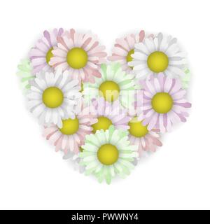 Daisies in the shape of a heart. Vector illustration. Valentine day. Multi colored flowers. Stock Vector