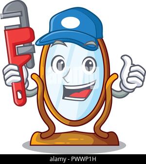 Plumber big dressing mirror isolated on mascot Stock Vector