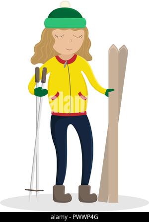 Girl in winter clothes with skis in hand. Flat winter vector illustration. Stock Vector