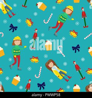 New Year sealmless pattern with girls in winter clothes and seasonal elements. Stock Vector