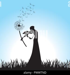 miniature fairy holding dandelion flower Stock Vector