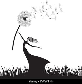 miniature fairy holding dandelion flower Stock Vector