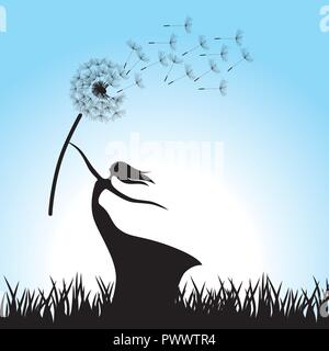 miniature fairy holding dandelion flower Stock Vector