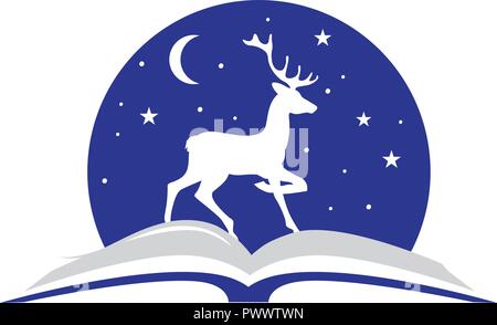 open story book, deer and night sky. logo icon Stock Vector