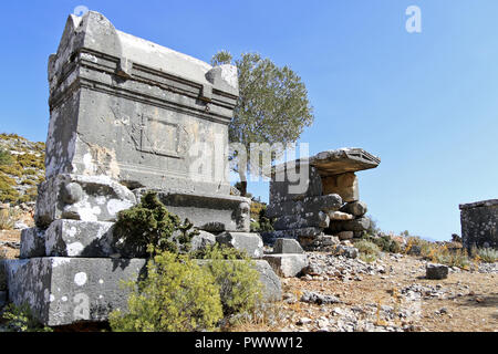 Sidyma Ancient City (Dodurga Village) in Lycia, Turkey. The site has some very well preserved and unusual Lycian tombs from the Roman and Byzantine period. Stock Photo