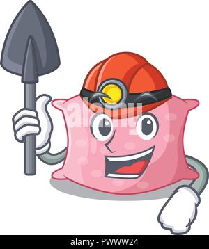 Miner cartoon cute pillow next to bed Stock Vector