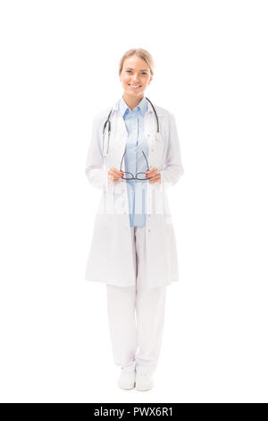 beautiful young female doctor in white coat looking at camera isolated on white Stock Photo