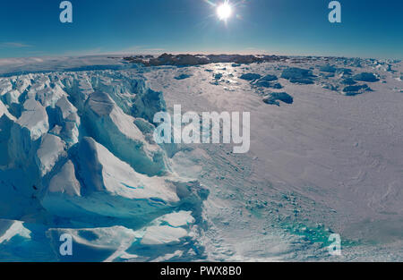 Panorama on ocean and icebergs and ice on the water in front of him, terrain and scenery Antarctic , day, sunset. Stock Photo